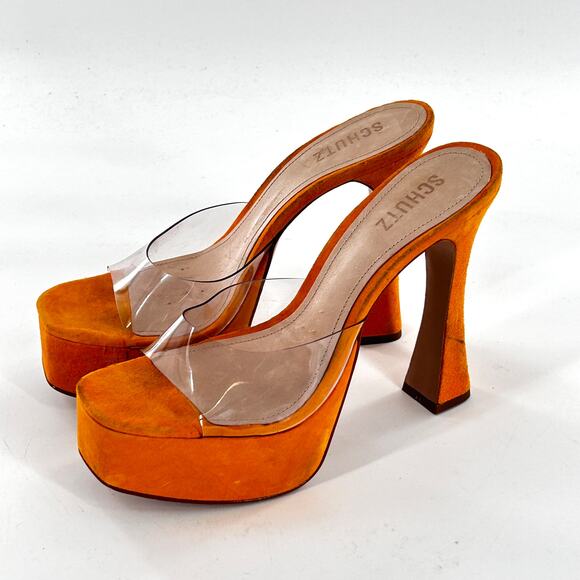 Schutz Haila Vinyl Suede Platform Sandals 10 Yellow Bright Sun Heels Womens - Picture 3 of 8